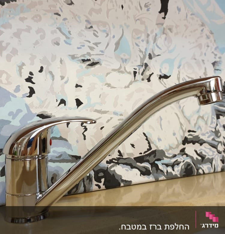 ברז מטבח כסוף על רקע ציור צבעוני